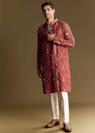 Bold Red Silk Kurta Set With Handcrafted Thread And Sequin Embellishments