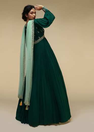 Bottle Green Anarkali Suit With Balloon Sleeves And Hand Embroidered Buttis Using Multi Colored Sequins And Beads