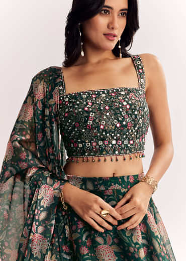 Bottle Green Mirror Work Lehenga Choli Set In Organza Tissue