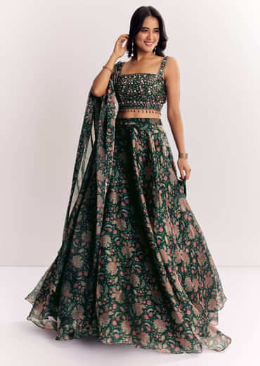 Bottle Green Mirror Work Lehenga Choli Set In Organza Tissue