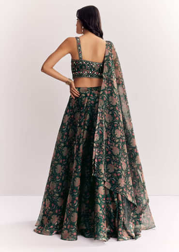 Bottle Green Mirror Work Lehenga Choli Set In Organza Tissue