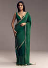Bottle Green Organza Saree With Scalloped Cut Dana Detailing