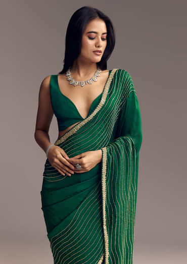 Bottle Green Organza Saree With Scalloped Cut Dana Detailing
