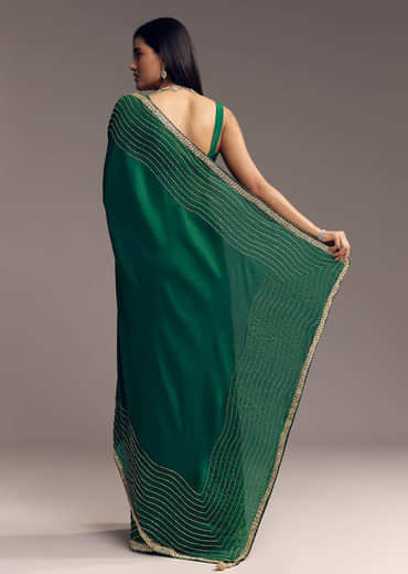 Bottle Green Organza Saree With Scalloped Cut Dana Detailing