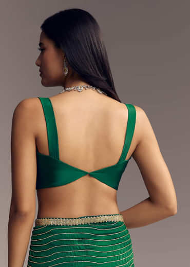 Bottle Green Organza Saree With Scalloped Cut Dana Detailing