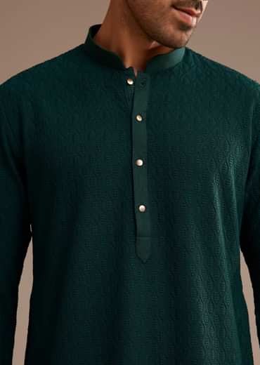 Bottle Green Rayon Embroidered Kurta Set