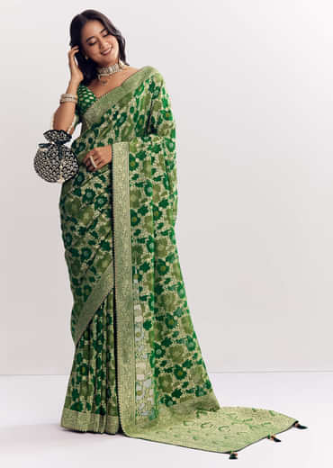 Bottle Green Shaded Dola Silk Saree With Zari Jaal Work