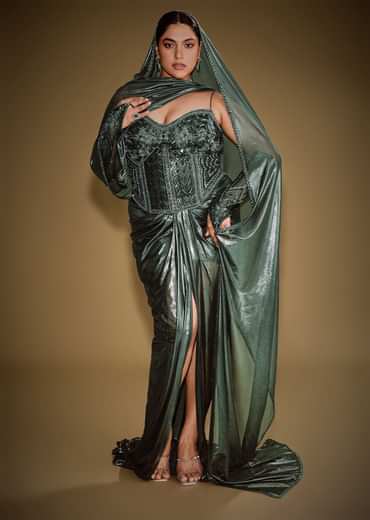 Bottle Green Shimmer Drape Skirt With Embroidered Corset And Dupatta