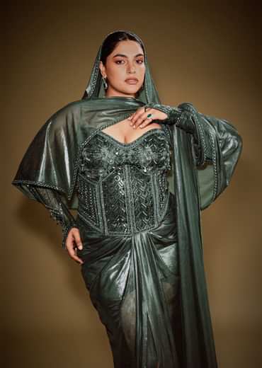 Bottle Green Shimmer Drape Skirt With Embroidered Corset And Dupatta