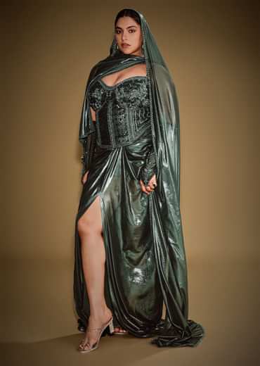 Bottle Green Shimmer Drape Skirt With Embroidered Corset And Dupatta