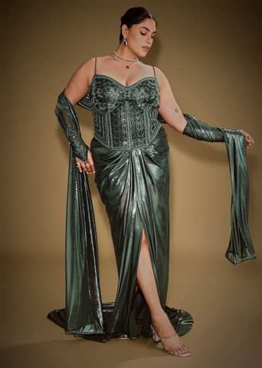 Bottle Green Shimmer Drape Skirt With Embroidered Corset And Dupatta