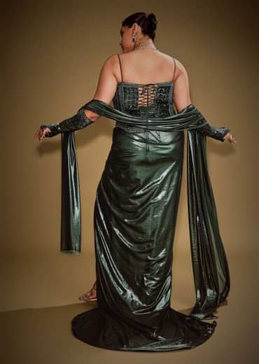 Bottle Green Shimmer Drape Skirt With Embroidered Corset And Dupatta