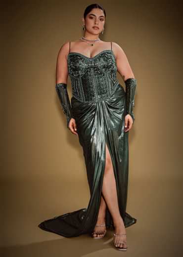 Bottle Green Shimmer Drape Skirt With Embroidered Corset And Dupatta