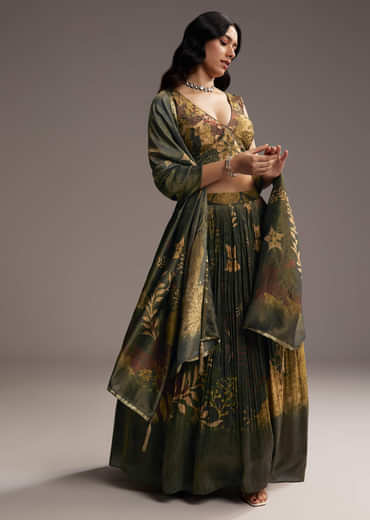 Bottle Green Tissue Lehenga Choli With Floral Print