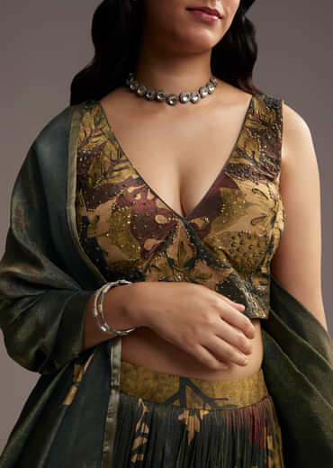 Bottle Green Tissue Lehenga Choli With Floral Print