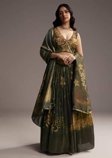 Bottle Green Tissue Lehenga Choli With Floral Print