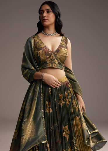 Bottle Green Tissue Lehenga Choli With Floral Print