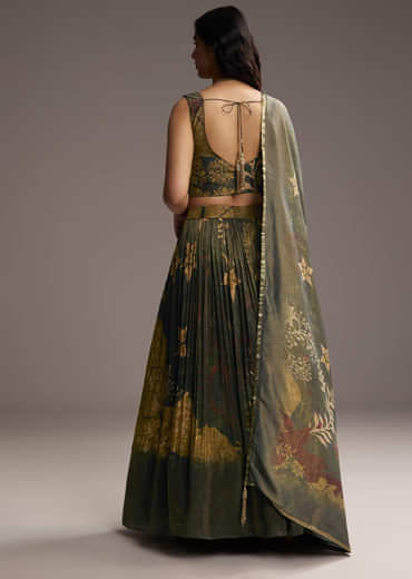 Bottle Green Tissue Lehenga Choli With Floral Print