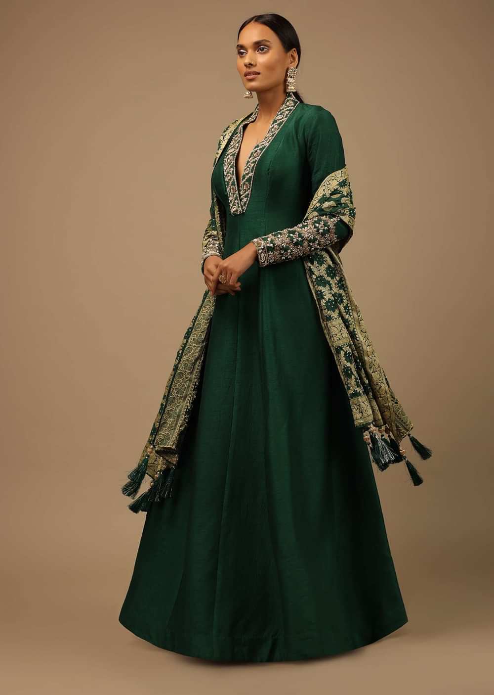 Bottle Green Anarkali Suit In Raw Silk With Hand Embroidery And A Brocade Dupatta Enhanced With Bandhani