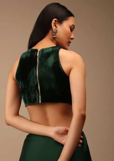 Bottle Green Blouse In Velvet With Halter Neckline And Back Zip Detailing