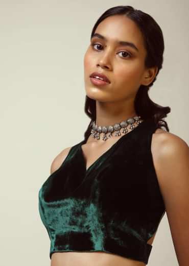 Bottle Green Blouse In Velvet With Halter Straps And Sweetheart Neckline