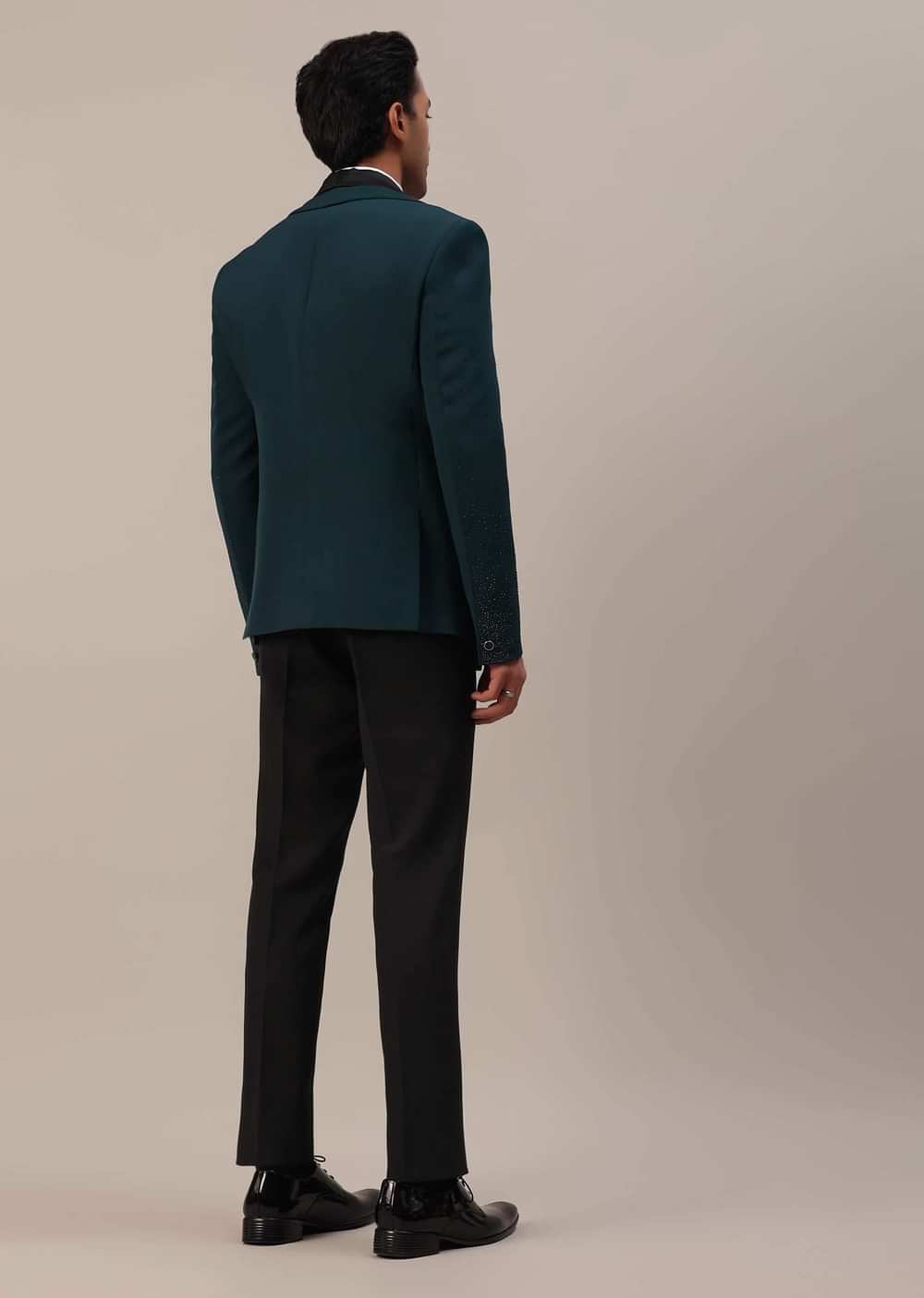 Bottle Green Crystal Studded Tuxedo Set In Polyester