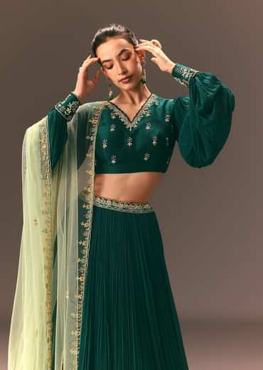 Bottle Green Embellished Ruched Lehenga Set