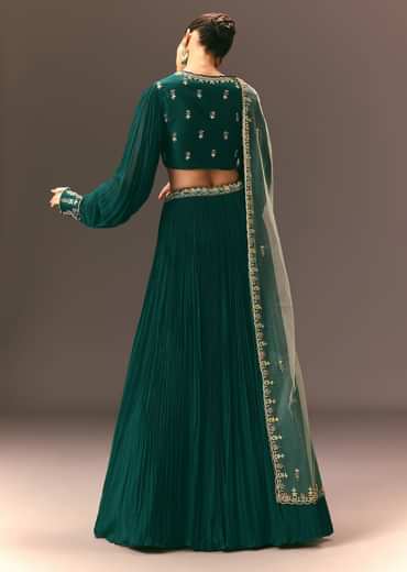 Bottle Green Embellished Ruched Lehenga Set