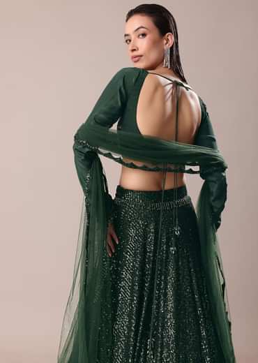Bottle Green Embroidered Lehenga And Blouse With Dupatta