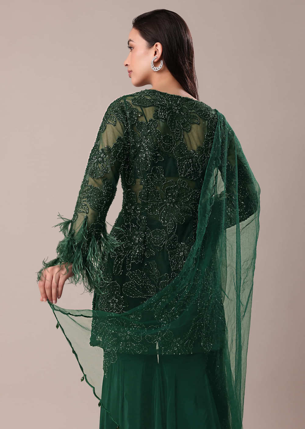 Bottle Green Fancy Sequins Palazzo Suit