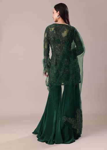 Bottle Green Fancy Sequins Palazzo Suit