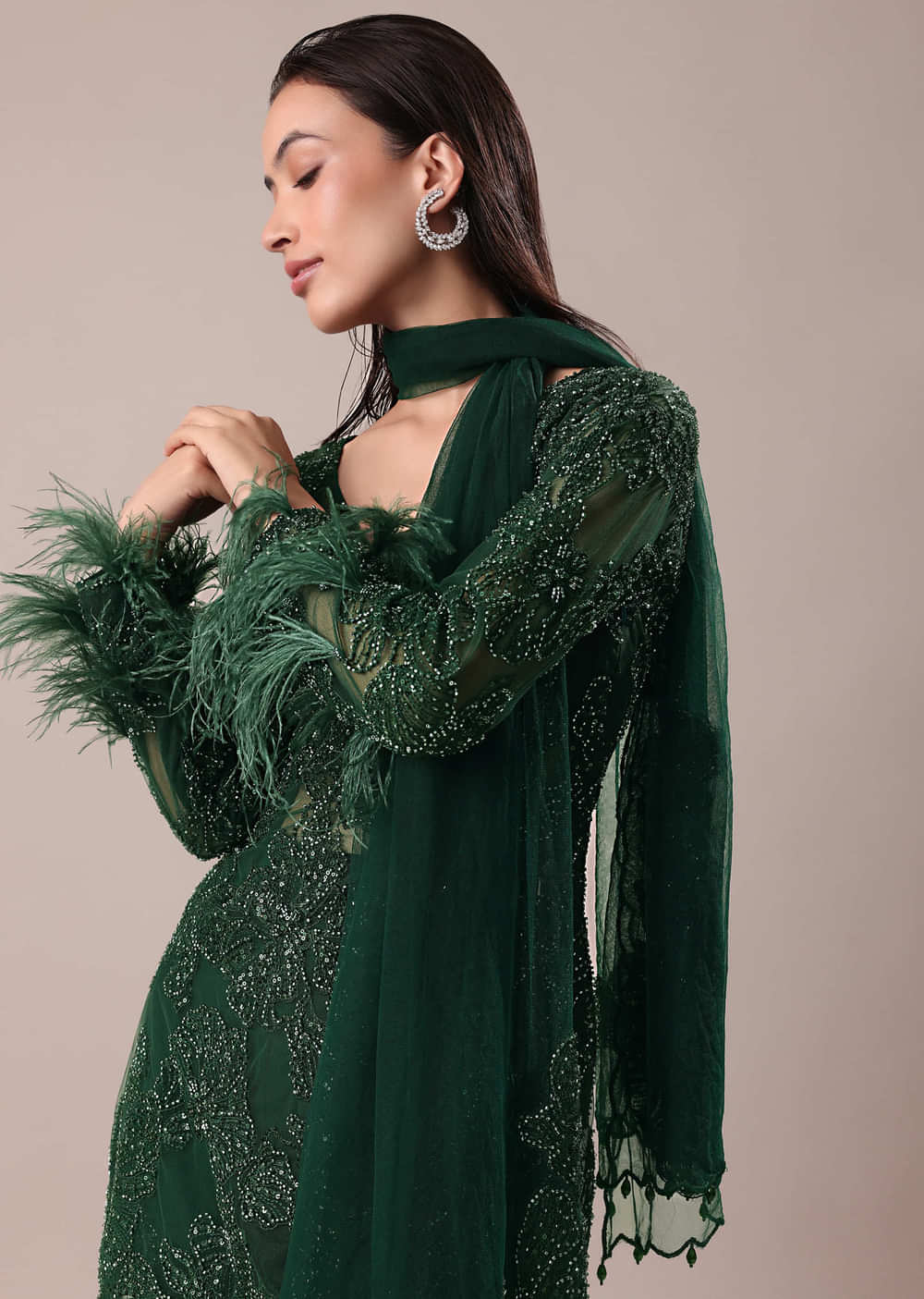 Bottle Green Fancy Sequins Palazzo Suit