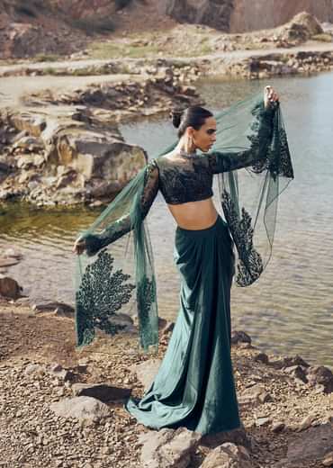 Bottle Green Feather Blouse With Draped Skirt And Dupatta