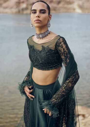 Bottle Green Feather Blouse With Draped Skirt And Dupatta