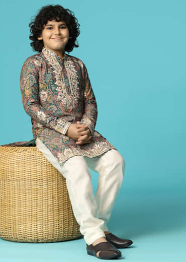 Bottle Green Kurta Pant With Resham Work For Boys