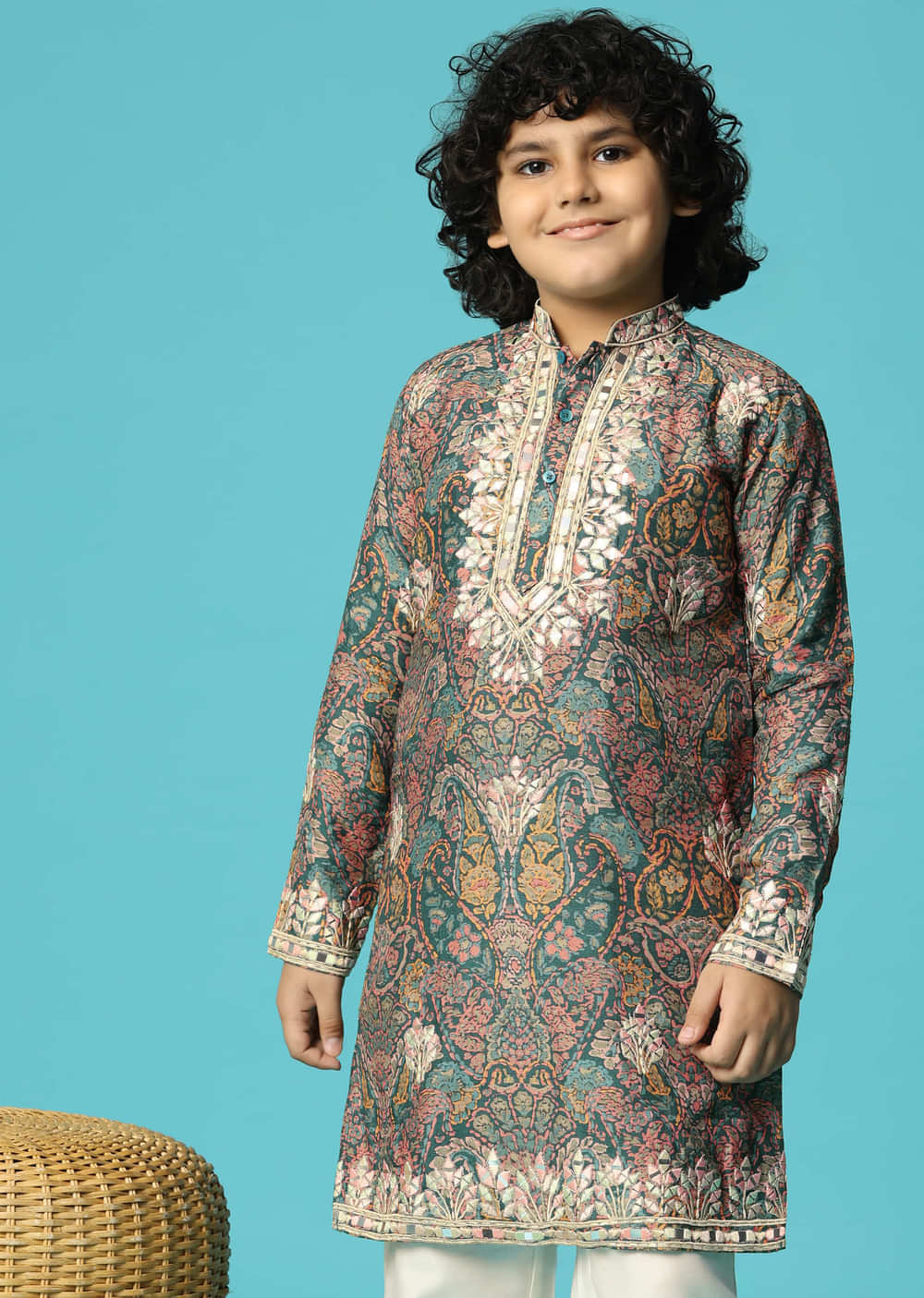 Bottle Green Kurta Pant With Resham Work For Boys