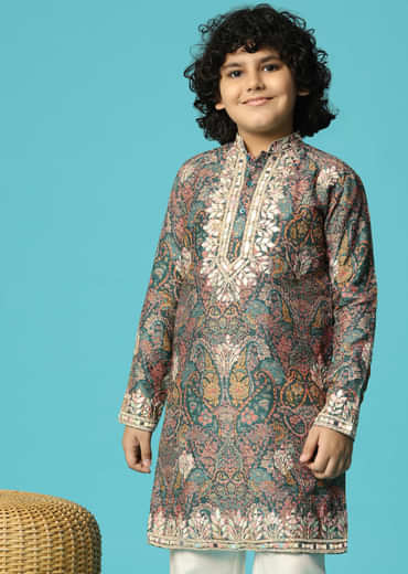 Bottle Green Kurta Pant With Resham Work For Boys