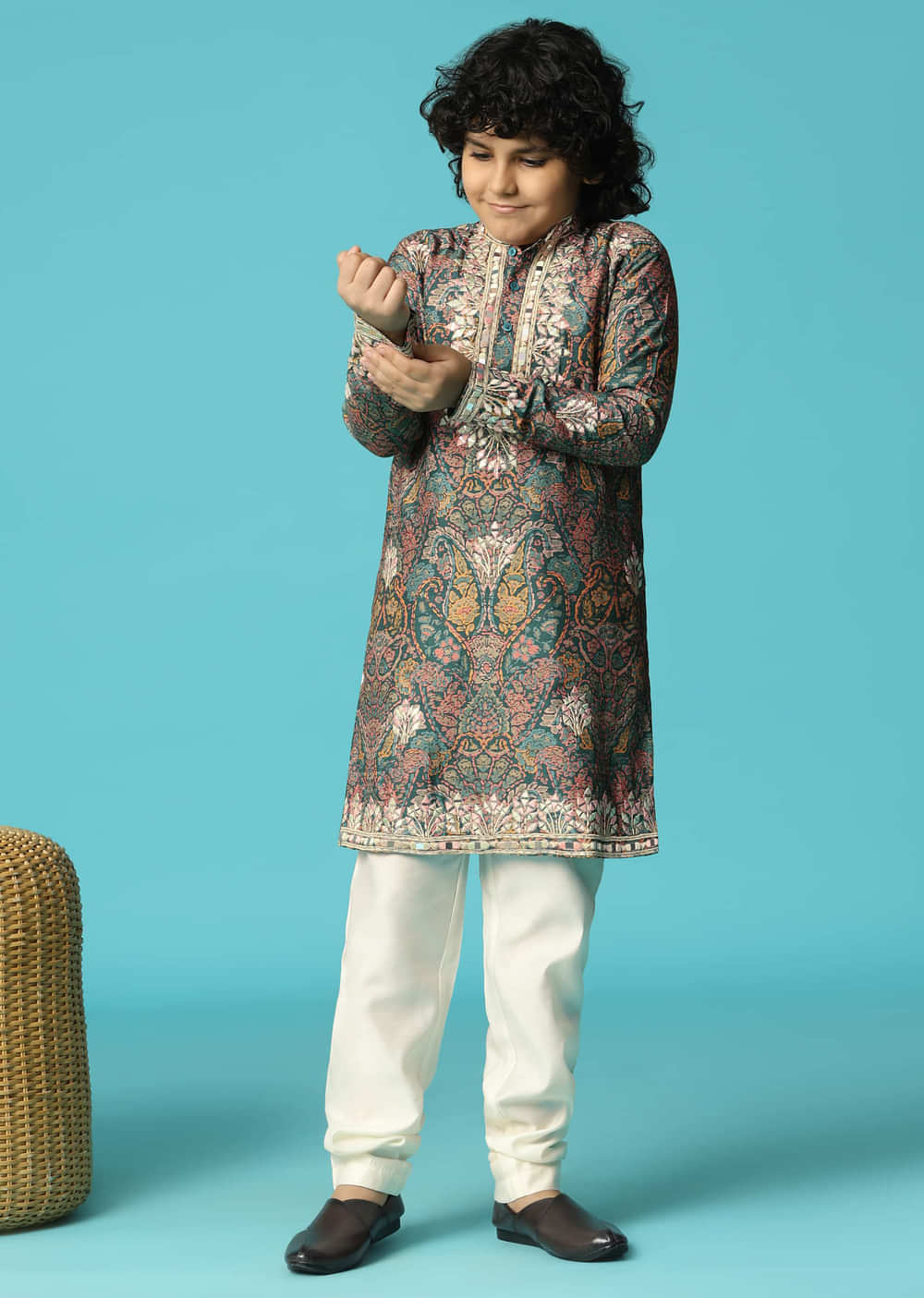Bottle Green Kurta Pant With Resham Work For Boys