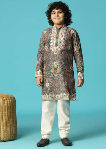 Bottle Green Kurta Pant With Resham Work For Boys