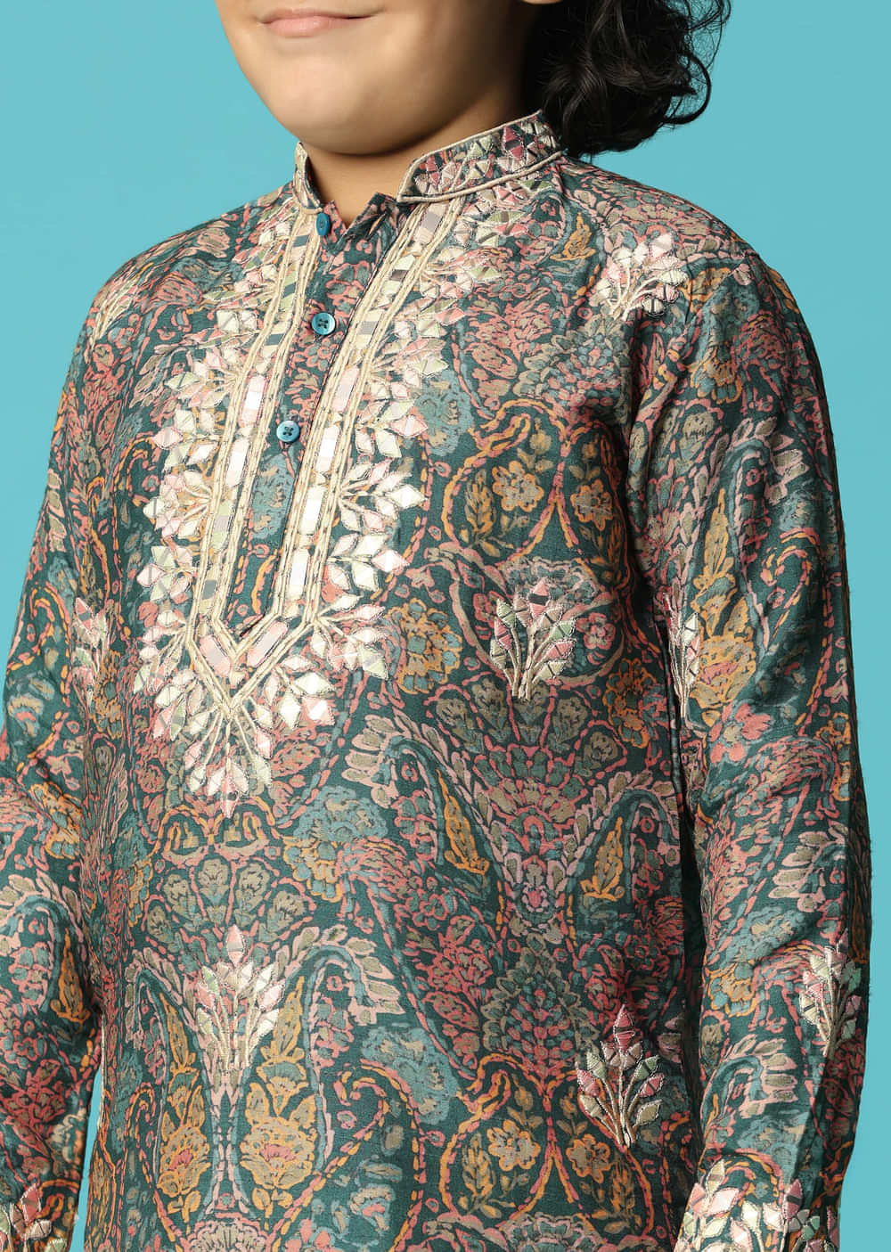 Bottle Green Kurta Pant With Resham Work For Boys