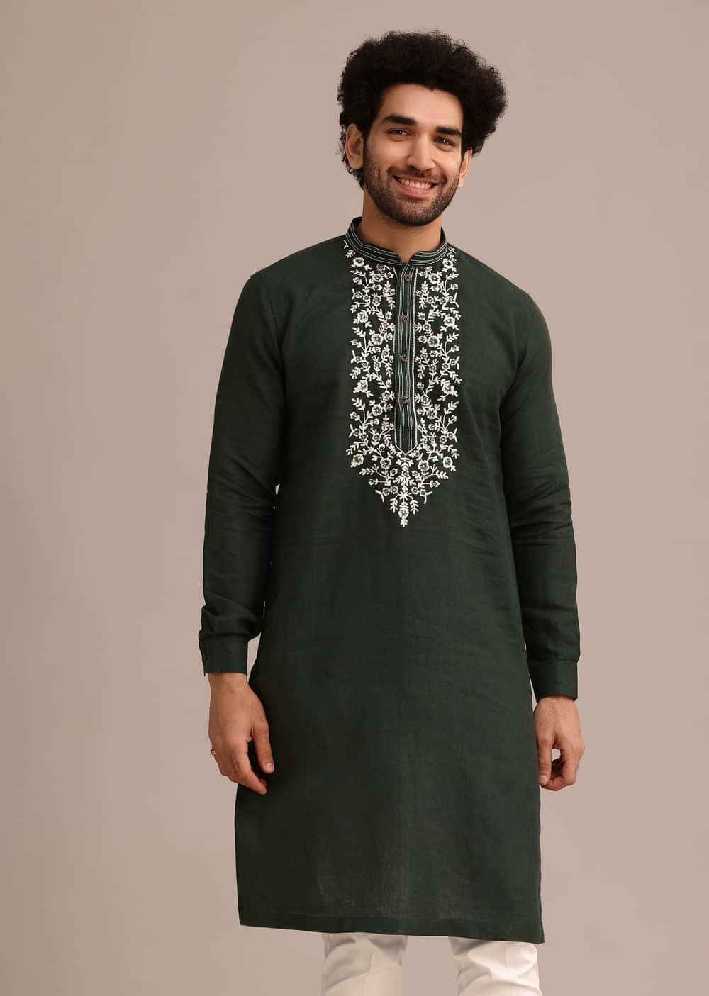 Bottle Green Linen Kurta And Pant Set With Floral Resham