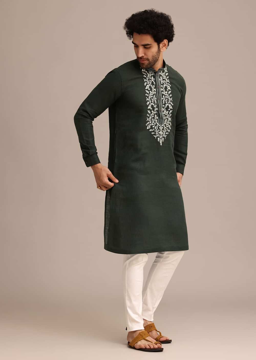 Bottle Green Linen Kurta And Pant Set With Floral Resham