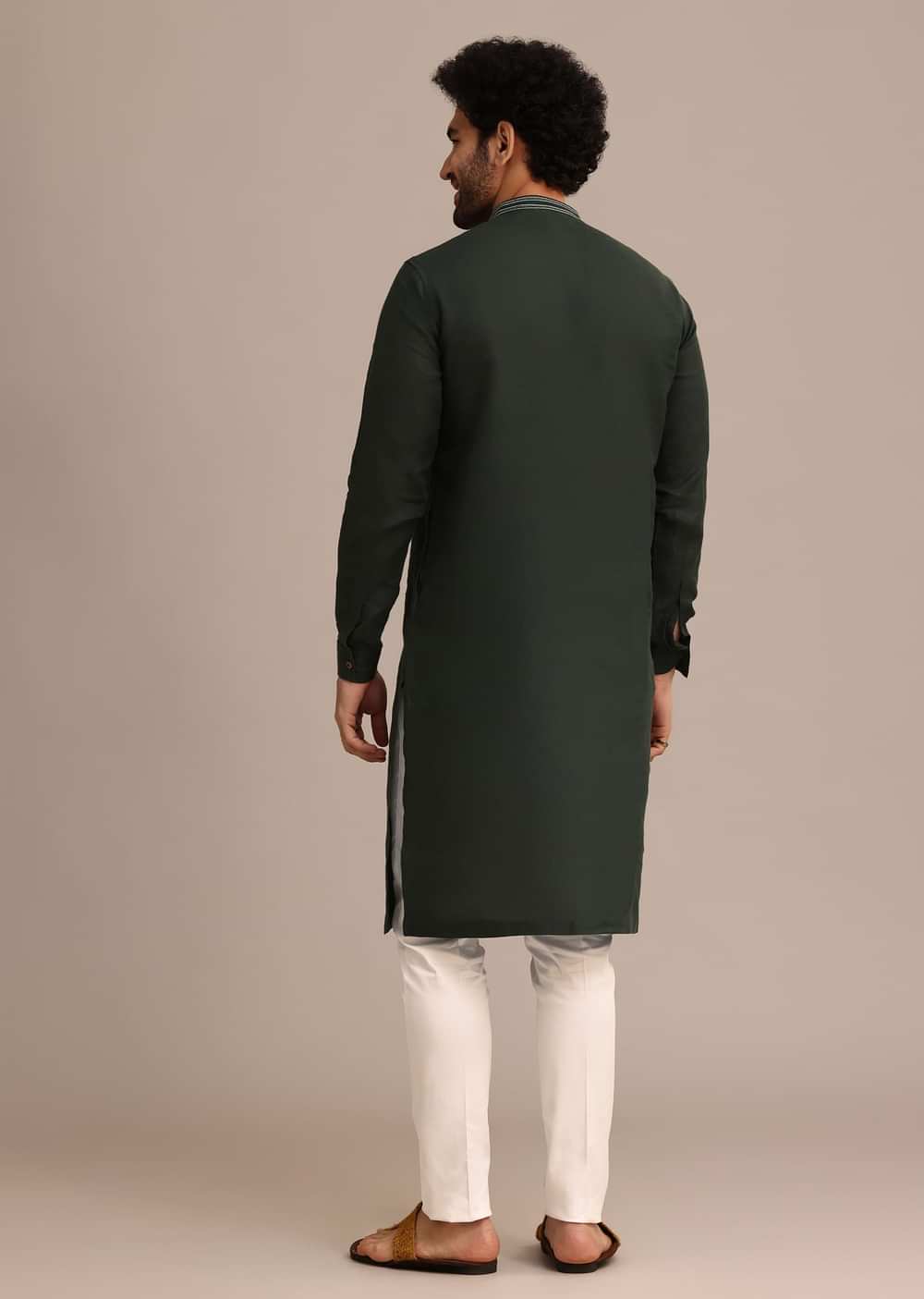 Bottle Green Linen Kurta And Pant Set With Floral Resham