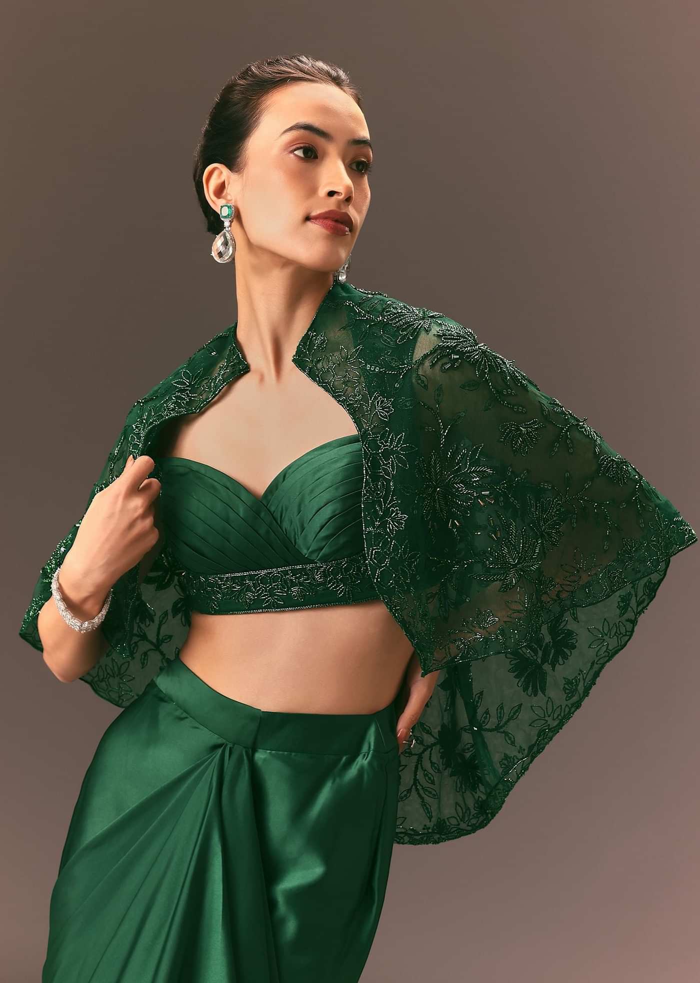 Bottle Green Net Hand Work Fusion Draped Skirt Set