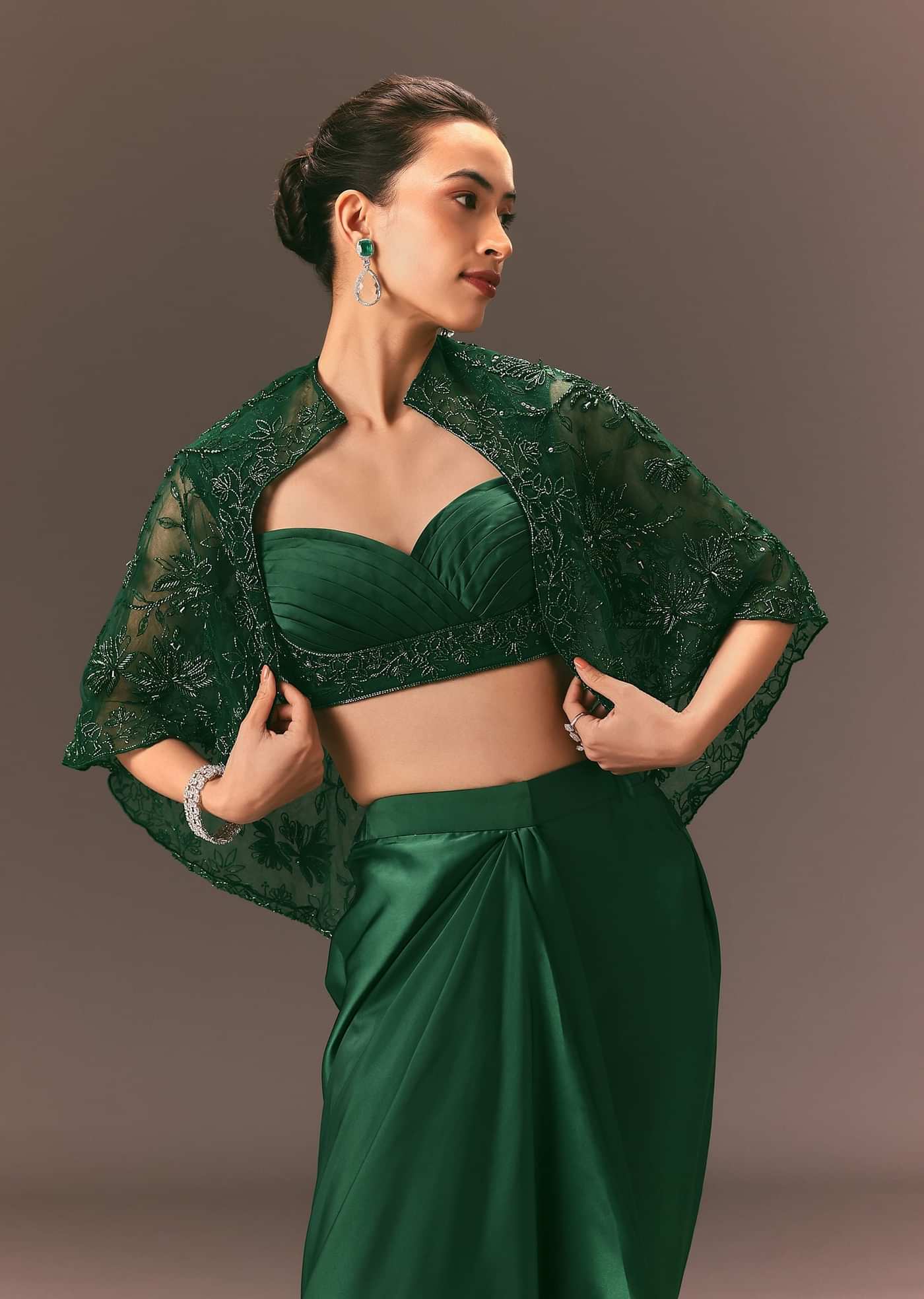 Bottle Green Net Hand Work Fusion Draped Skirt Set