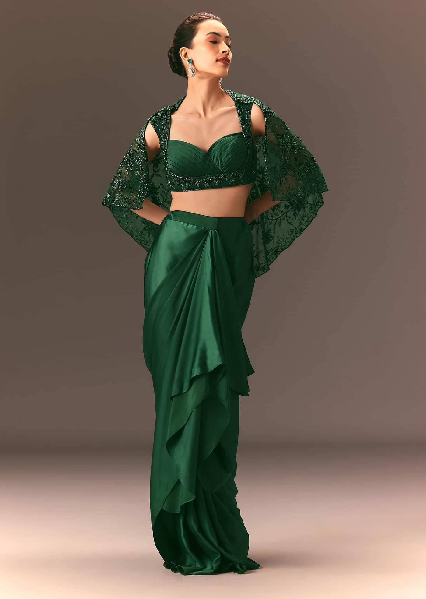 Bottle Green Net Hand Work Fusion Draped Skirt Set