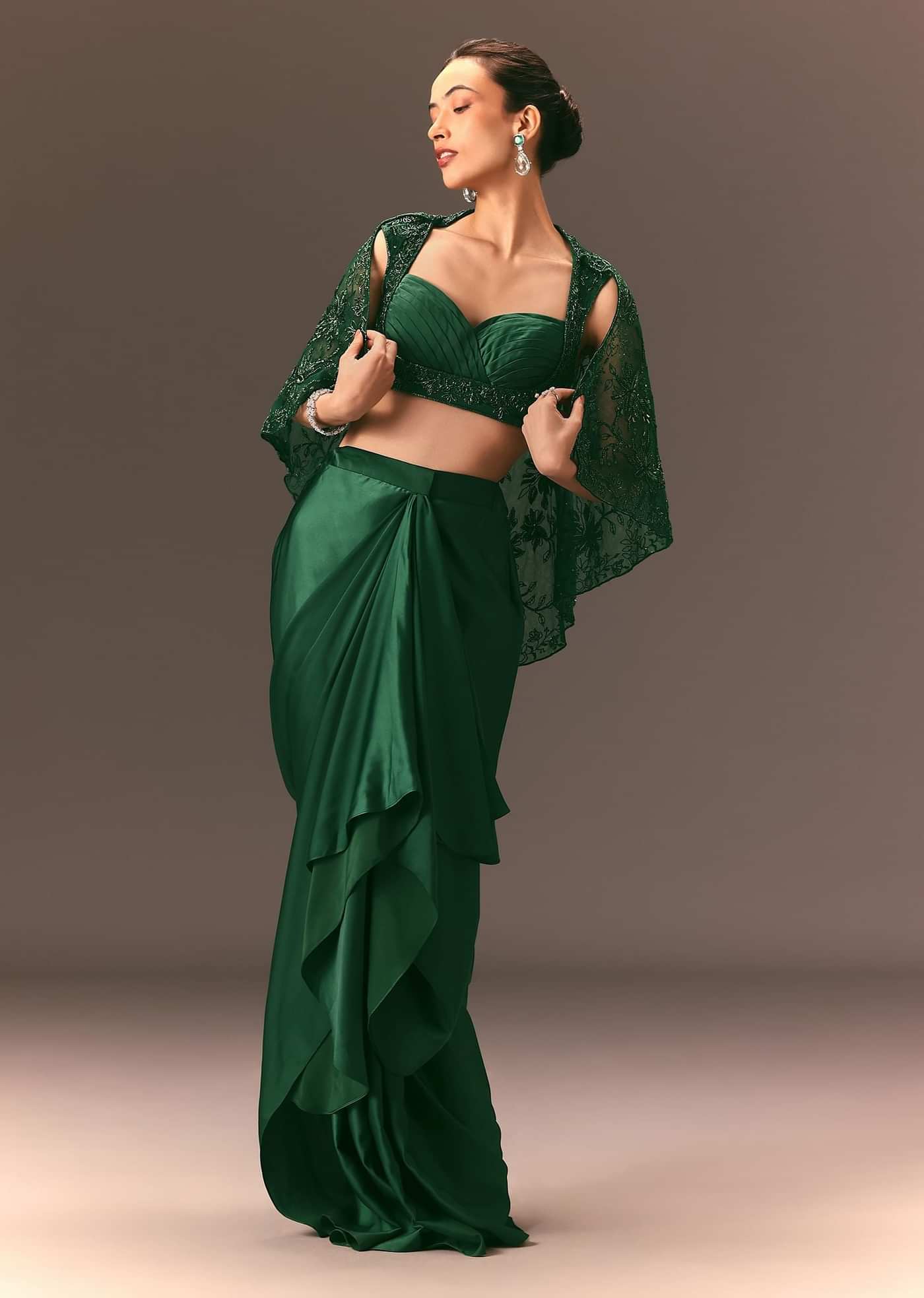 Bottle Green Net Hand Work Fusion Draped Skirt Set