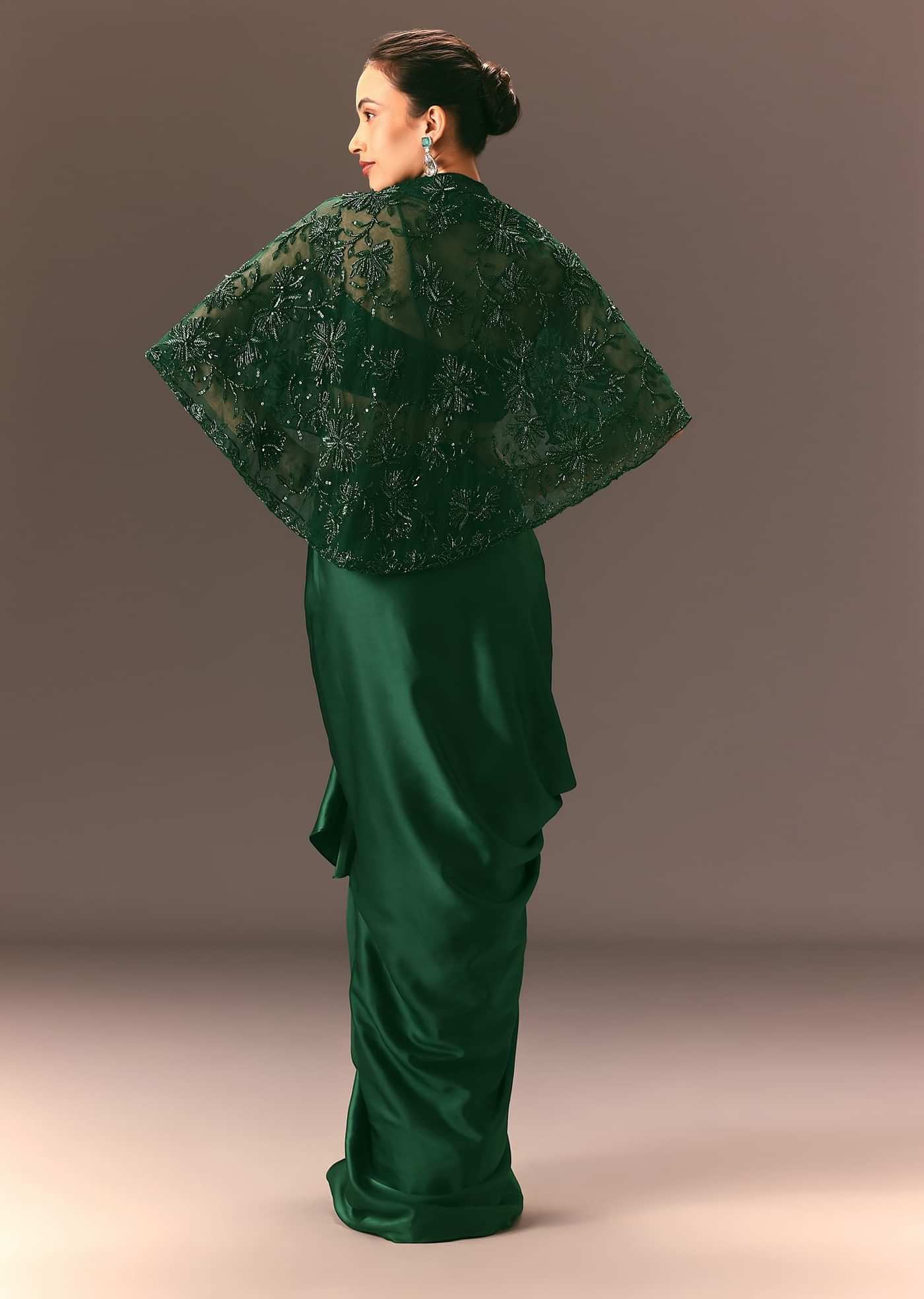 Bottle Green Net Hand Work Fusion Draped Skirt Set