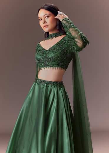Bottle Green Organza Lehenga Set With Hand Work