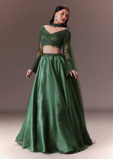 Bottle Green Organza Lehenga Set With Hand Work